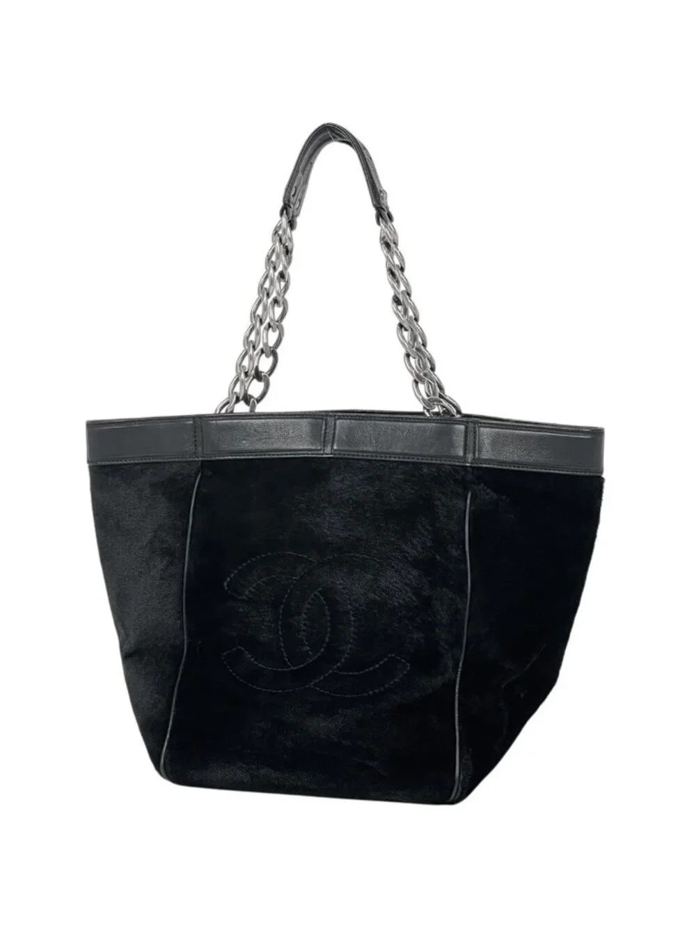 Chanel CC Logo Chain Tote Calf Hair Black